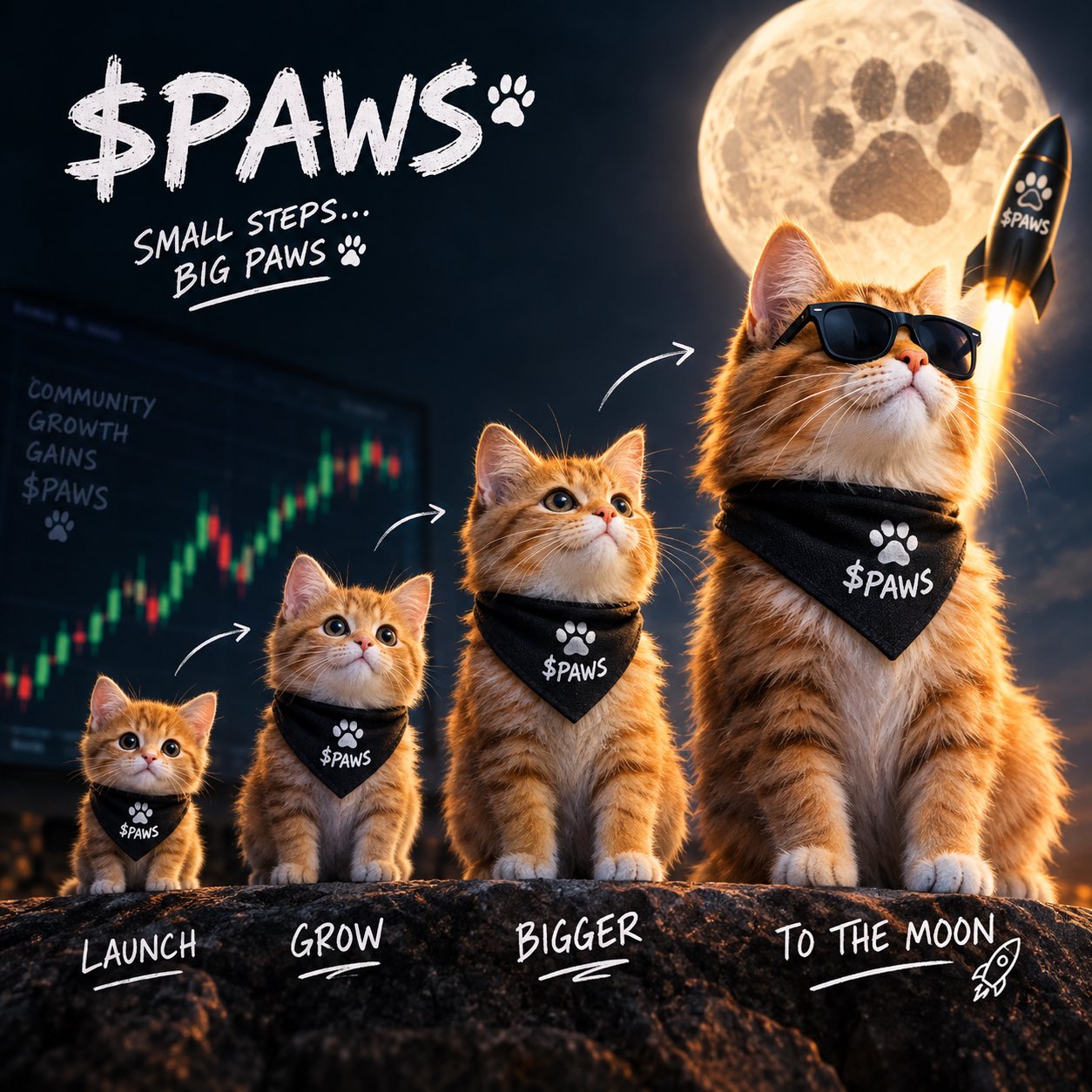 Four MoonPaws cats growing from launch to the moon