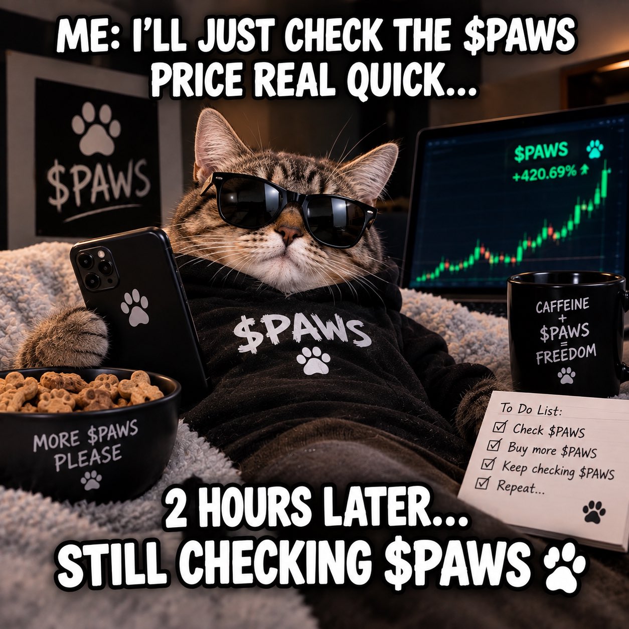 MoonPaws cat following the PAWS chart from a cozy command center