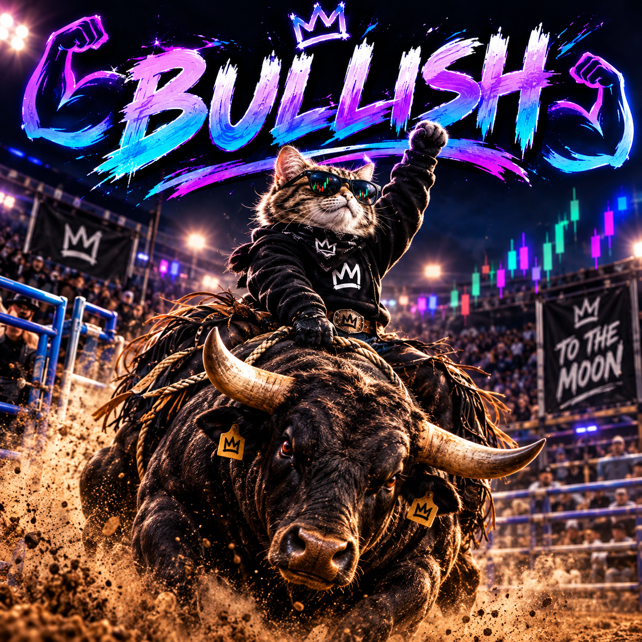 MoonPaws cat riding a bull in a high-energy arena