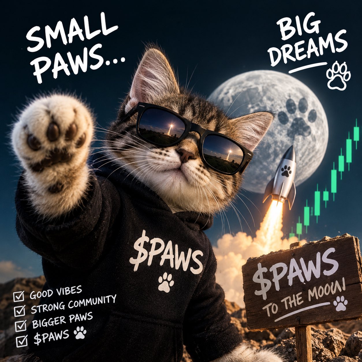 MoonPaws cat reaching toward big dreams, with a rocket and moon